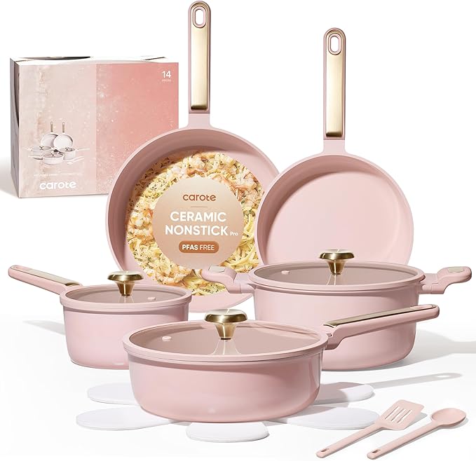 CAROTE Ceramic Cookware Set Nonstick 14pcs Pots and Pans Set Nonstick Non-Toxic &amp PFAS-Free Dishwasher RV/Camping Cookware Set Cooking Pots with Lids Pink Blush