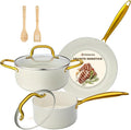 Pots and Pans Set Non Stick 7 Piece White Granite Induction Cookware Set Nonstick Kitchen Cooking Set with Gold Handle and Utensil Oven Safe (PFOS PFOA Free)