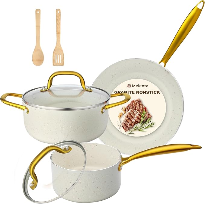 Pots and Pans Set Non Stick 7 Piece White Granite Induction Cookware Set Nonstick Kitchen Cooking Set with Gold Handle and Utensil Oven Safe (PFOS PFOA Free)