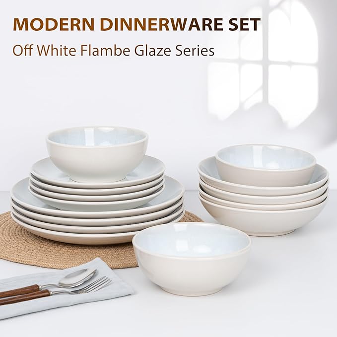 Plates and Bowls Sets for 4 - CJDC-QUELO 16-Piece Stoneware Dinnerware Sets Ceramic Dishware Set for Kitchen Use and Formal Dining Chip and Scratch Resistant Microwave Dishwasher Safe Off White