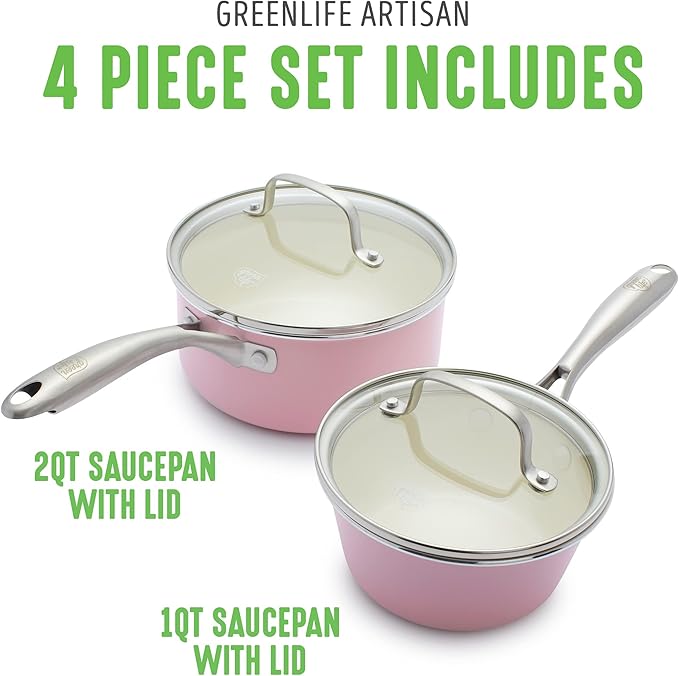 GreenLife Artisan Healthy Ceramic Nonstick 1QT and 2QT Saucepan Pot Set with Lids Stainless Steel Handle Induction PFAS-Free Dishwasher Safe Oven Safe Pink
