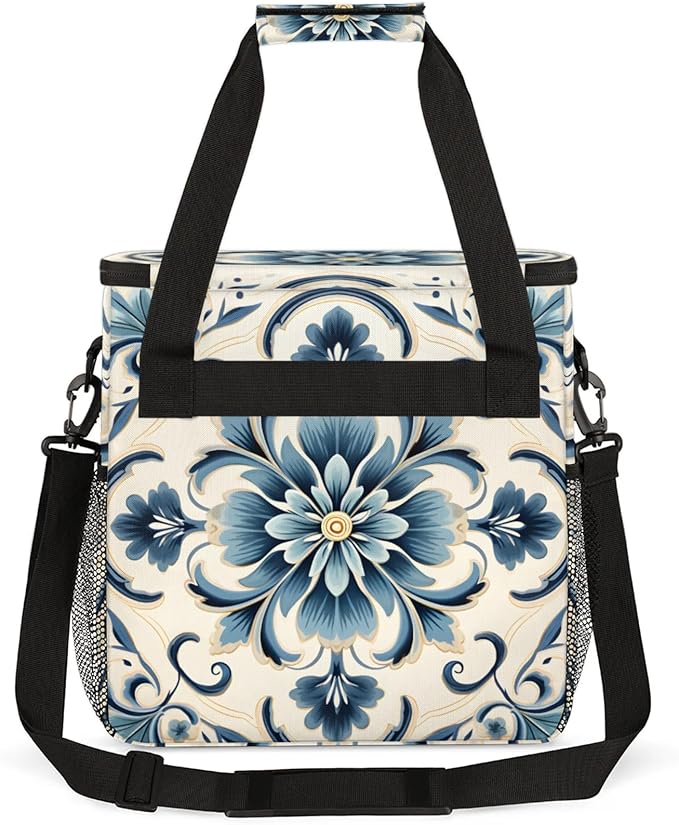 Blue Floral Coffee Maker Travel Bag for Keurig K-Mini/K-Mini Plus Insulated Waterproof Tote with Pockets for Portable Single-Serve Brewer Case