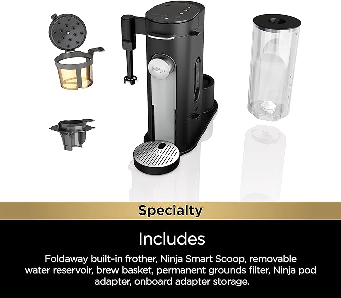 Ninja PB051 Pods &amp Grounds Specialty Single-Serve Coffee Maker Compatible with K-Cups Built-In Milk Frother 6-oz. Cup to 24-oz. Travel Mug Sizes Black (Renewed)