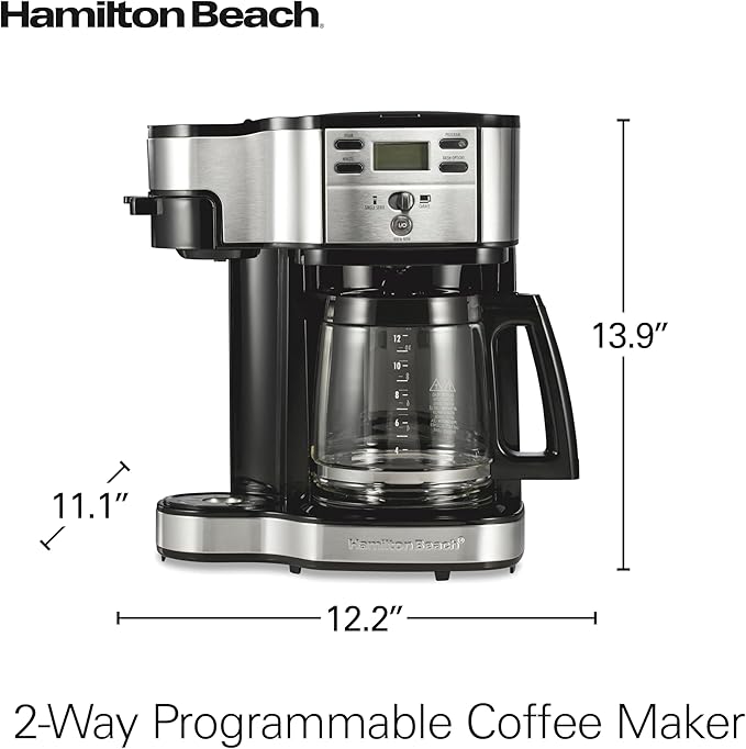 Hamilton Beach 2-Way Programmable Coffee Maker 12 Cup Glass Carafe And Single Serve Coffee Maker Black with Stainless Steel Accents 49980RG