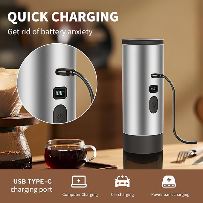 RQUOIRE 3-in-1 Portable Coffee Maker Espresso Machine Self-Heating Travel Coffee Maker Compatible with NS DG Pods &amp Ground Coffee Small Mini Espresso Machine for Car Camping Hiking With Stand