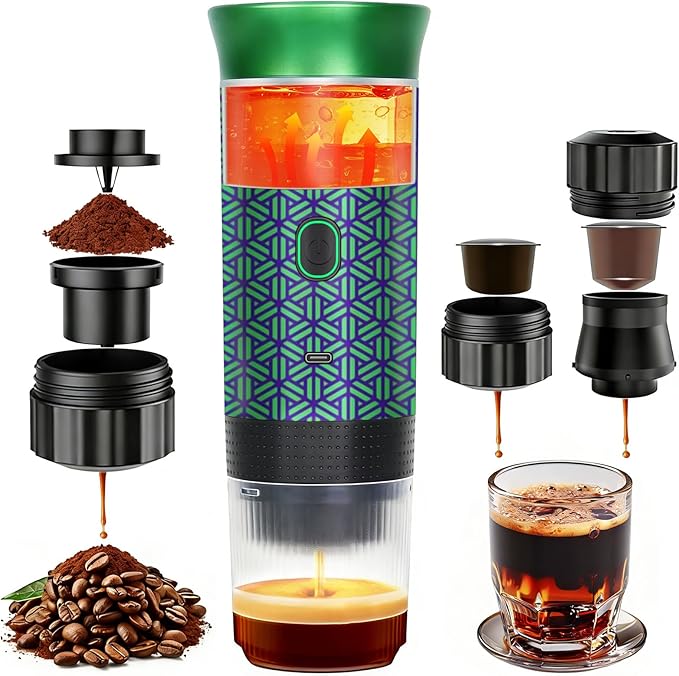 Coffee Maker Gift Set for CampingBattery Powered Portable Electric Espresso Machine Rechargeable Coffee Maker Self Heating Ground Coffee Capsule for RV Hiking (Green mix Black)