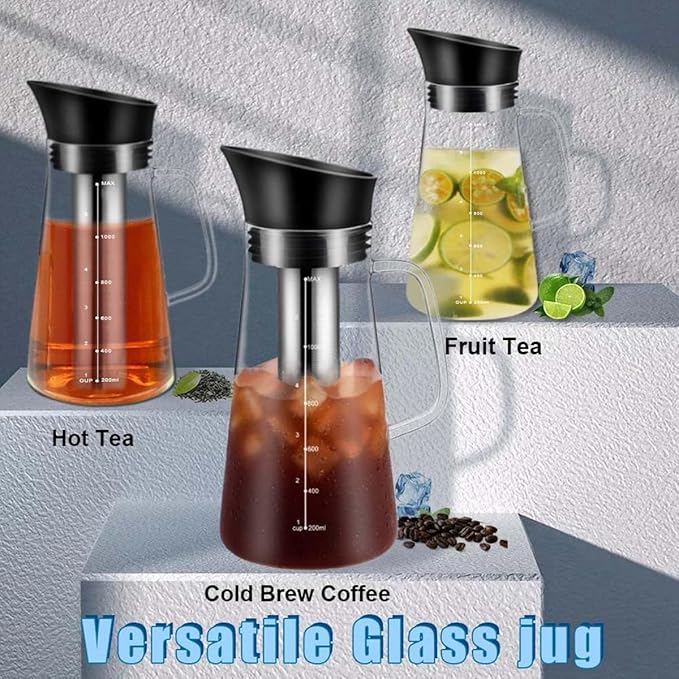 Iced Coffee Maker Machine Cold Brew Tea Pitcher Glass and Airtight Lid Coffee Pot 1.2L