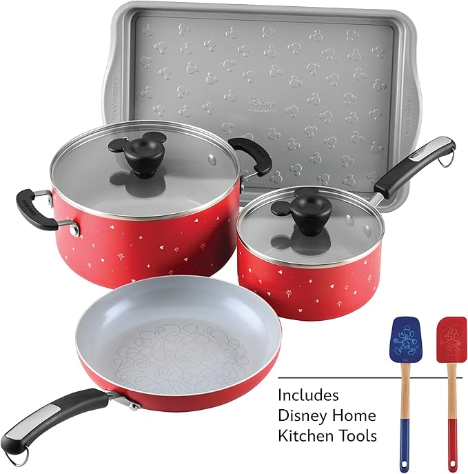 Farberware Disney Bon Voyage Ceramic Nonstick Pots and Pans Set with Baking Sheet/Cookie Pan and Disney Home Kitchen Tools 8 Piece Non Stick Cookware Set - Red