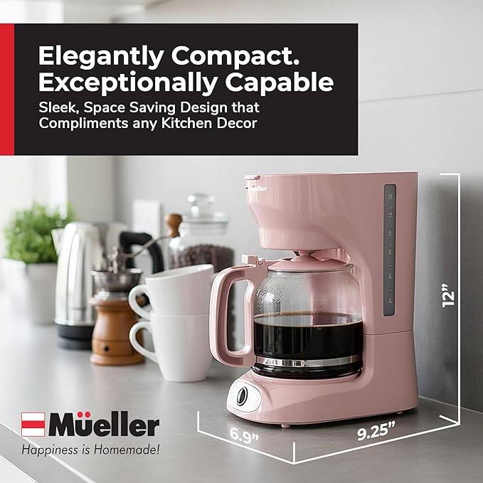MUELLER HOME 12-Cup Pink Coffee Maker - Borosilicate Carafe Auto-Off Pink Kitchen Accessories Reusable Filter Anti-Drip Kitchen Appliances Keep-Warm Function
