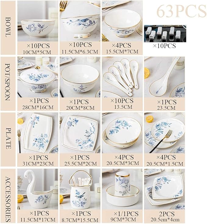 65 pcs Dinnerware Set Serves for 10 People Line Drawing Decoration Bone China Tableware SetPremium Quality Porcelain Dishes/Plate/BowlDishwasher &amp Microwave SafeBlue (63pcs Serves for 10)