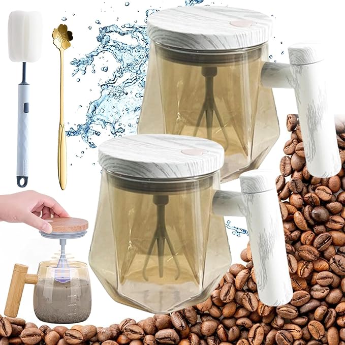 Electric High Speed Mixing Cup 13.5oz 7000 RPM Self Stirring Coffee Mug Heat-Protection Glass Coffee Blender with Lid 45 dB for Office/Travel/Home (Amber x 2)