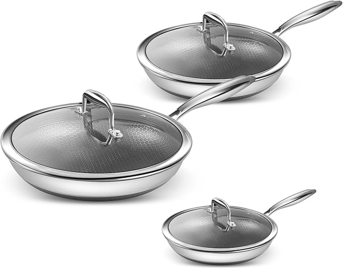 Nonstick Frying Pan Set 8 10 and 12-inch Frying Pans 6-Piece Hybrid Non stick 18/10 Stainless Steel Pans with Lid Induction Compatible Dishwasher &ampOven Safe PFOA Free