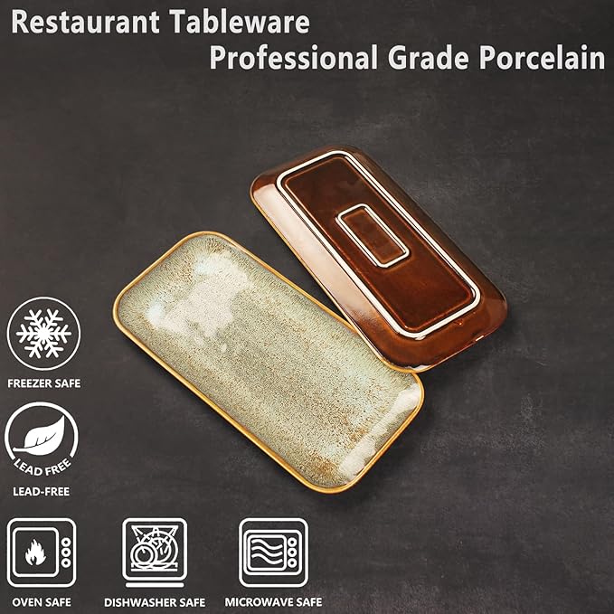 Ceramic Dinner Plates Dish Set Set of 4 Microwave Oven and Dishwasher SafeScratch Resistant Dinnerware Kitchen Porcelain Serving Dishes Brown glaze change 12.4 Inch Rectangle plate
