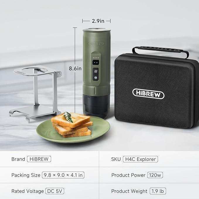 HIBREW H4C Explorer - Portable Electric Espresso Maker USB-C Rechargeable for Coffee Pods &amp Ground Coffee Compact for Home and Travel with Foldable Holder &amp Carrying Case