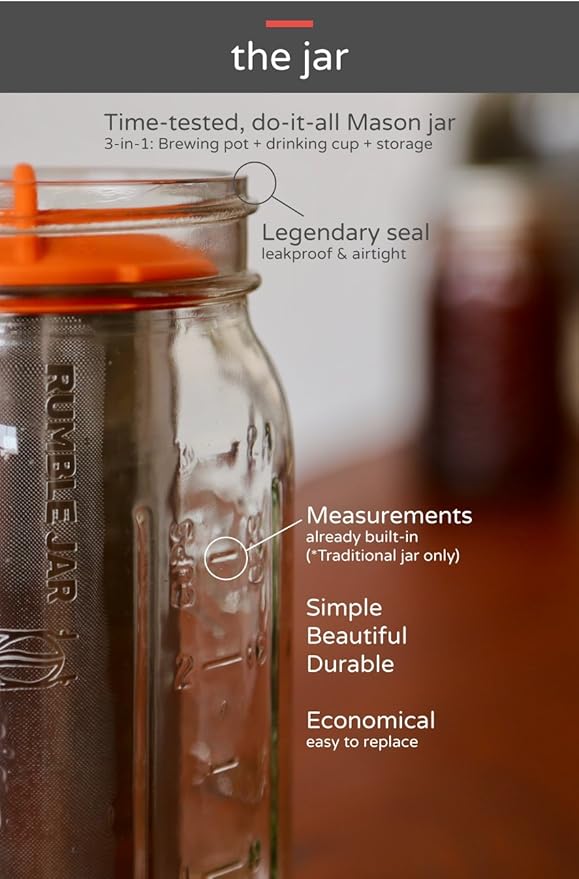 Rumble Jar - Next-Gen Cold Brew Coffee Maker for Mason Jars - 200 Micron Filter Is Ideal for Coarse Grounds &amp Stronger Coffee - Includes Filter + 32oz Mason Jar