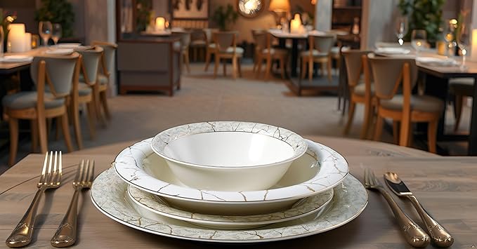 Lorren Home Trends Bone China Dinnerware Set White with Marble Pattern and Gold Trim 57 Piece Service for 8 Formal Dining Collection