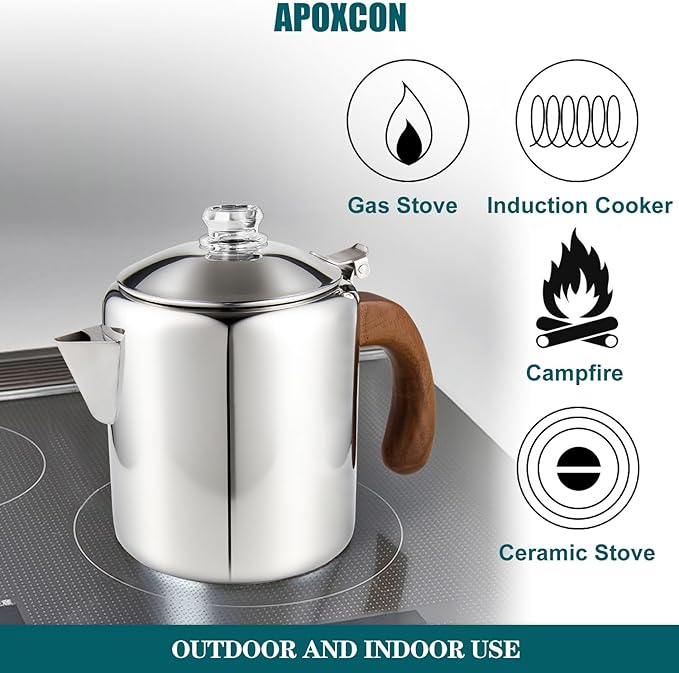 Coffee Percolator Stainless Steel Coffee Maker with Fireproof Solid Wood Handle &amp Tough Glass Clear Brew Progress Knob Camping Coffee Pot Using on any Stovetop NO Aluminum NO Plastic (6 Cup)