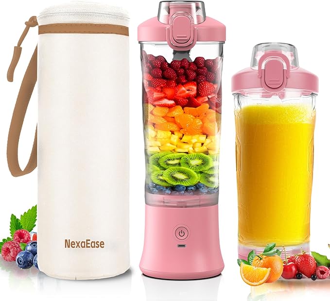 Portable Blender Personal Juicer for Shakes and Smoothies - 20 OZ Electric Protein Shaker Bottle with Insulated Sleeve Travel Lid USB-C Rechargeable - Mini Small Blender Cup for Kitchen Office Gym