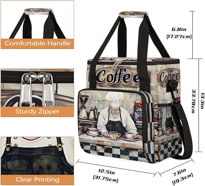 Coffee Chef Pattern Coffee Maker Carring Bag Travel Carrying Storage Tote Bag Compatible with Keurig K-Mini or K-Mini Plus Portable Single Serve Coffees Brewer Case with Pockets for K-cup Pods