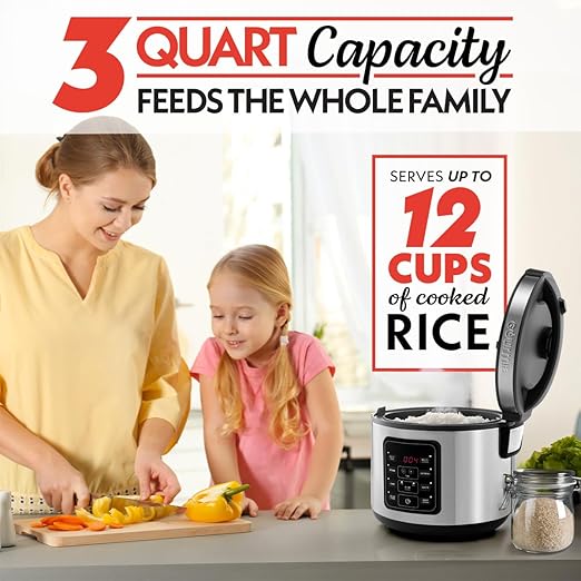 Gourmia Rice Cooker – 3 Qt Capacity 12 Cup Cooked 6 Cup Uncooked Digital Controls Grain Cooker &amp Steamer Built-In Steamer Basket Nonstick Ceramic Pot Delay Timer Keep Warm Stainless Steel