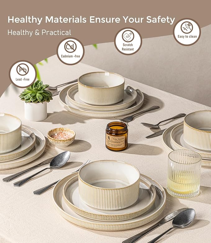 GBHOME 12-Piece Stoneware Dinnerware Set for 4 – Ribbed Ceramic Plates and Bowls Scratch-Resistant Microwave &amp Dishwasher Safe Reactive Glaze Oatmeal Veil