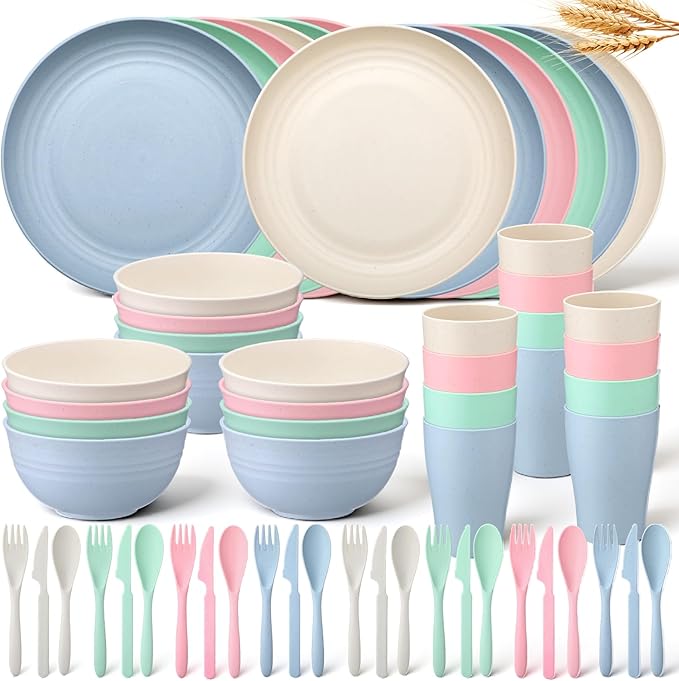 Zhehao 72 Pcs Wheat Straw Dinnerware Sets for 12 Dishwasher Microwave Safe Unbreakable Reusable Kitchen Cups Plates Bowls Cultery Sets for Patio Outdoors Rv Camping Dishes