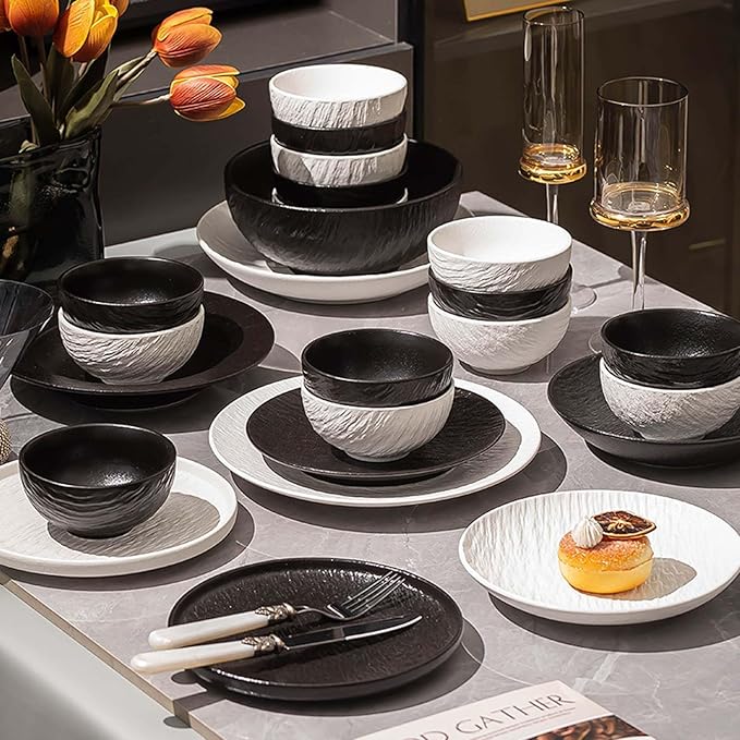 Elegant Black and White Minimalist Matte Ceramic Dinnerware Set Includes Plates Bowls Perfect for Home Dining Modern Tableware for Everyday Use or Gifting Ideal for Housewarming
