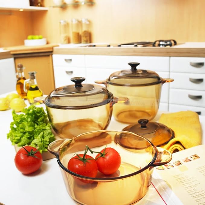 Visions 6pc Cook Pot Set with Glass Covers Amber