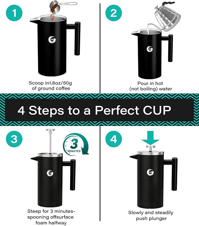Coffee Gator 304 Grade Stainless Steel French Press Coffee Maker 34 oz Double Wall Insulated Hot Cold Brew Teapot with 4-Level Filtration System Include Travel Jar Canister Rust-Free Travel Black