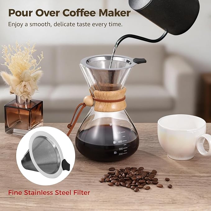 20 Oz Borosilicate Glass Pour Over Coffee Maker With Stainless Steel Filter Wood Collar Heat Resistant Carafe For Home Camping And Office Use