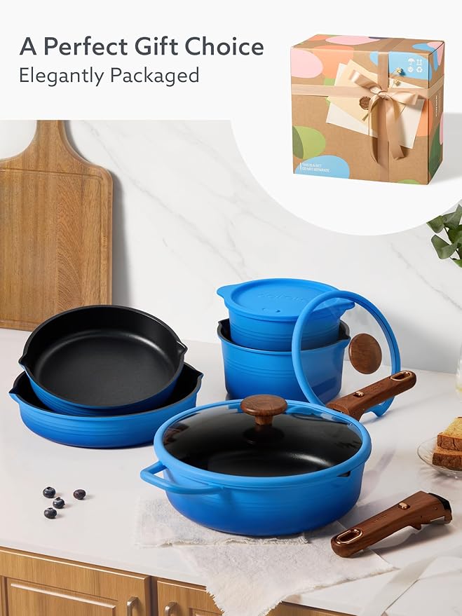 CAROTE 20Pcs Titanium Cookware Set Pots and Pans Set Non Stick Kitchen Cooking Set with Detachable Handle Non Toxic Induction Cookware - Camping Cookware Dishwasher/Oven Safe Blue