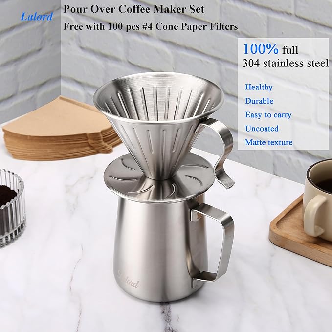 Pour Over Coffee Maker 304 Stainless Steel wIth 100 pcs Paper Filters &amp 600ml Milk Frothing Pitcher for Home &amp Camping