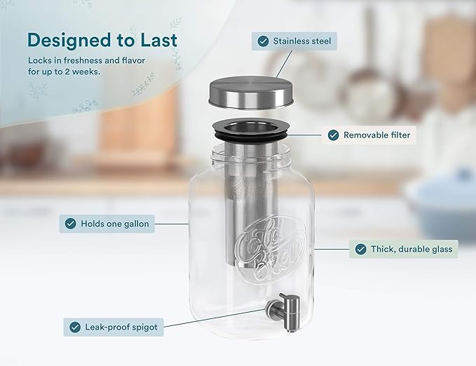 Kook 1 Gallon Mason Jar Drink Dispenser Thick Glass Carafe Stainless Steel Spigot and Mesh Filter Premium Iced Coffee Maker Cold Brew Pitcher &amp Tea Infuser