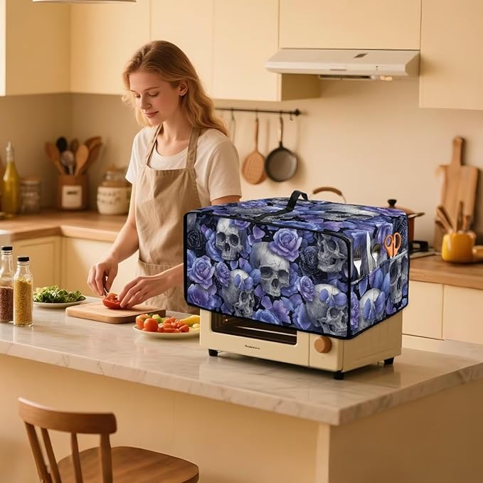Skull Rose Print Toaster Oven Air Fryer Cover for Kitchen Counter Stain Resistant Smart Microwave Oven Protector Washable Toaster Dust Cover with Pockets Blue