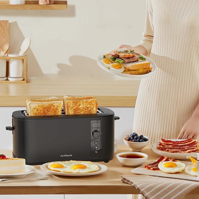 Toaster 4 Slice Long Extra Wide Slot 1.5 with Countdown Timer 6 Browning Settings Built-in Warming Rack Bagel/Cancel/Defrost Functions Removable Crumb Tray-Matteblack