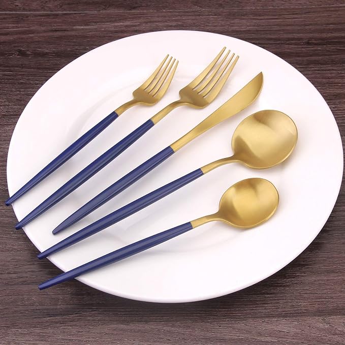 Matte Gold Silverware Set with blue handle Bysta 20-Piece Stainless Steel Flatware Set Kitchen Utensil Set Service for 4 Tableware Cutlery Set for Home and Restaurant Satin Finish Dishwasher Safe