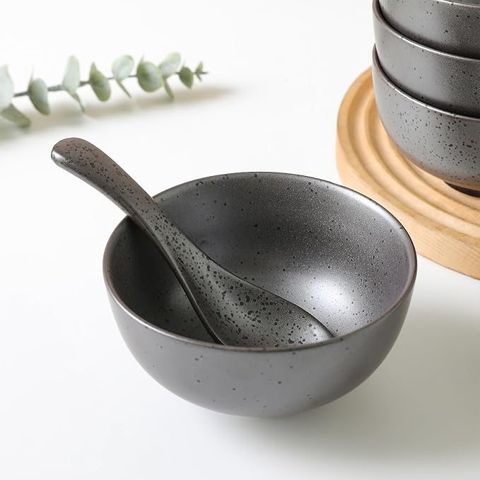 Stone + Lain Valencia Porcelain 8-Piece Round Bowl and Spoon Serving Set Metallic Grey