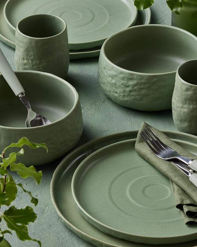 Stone by Mercer Project SHOSAI 16-Piece Stoneware Dinnerware Set Plates and Bowls Set Modern Dishware set fo 4 Sage
