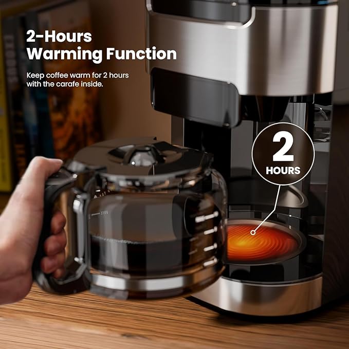 Kismile 10-Cup Digital Drip Coffee Maker with Built-In Grinder Programmable 12H Timer Keep-Warm Function Customizable Strength &amp Grind Size Coffee Machines with Smart LED Touchscreen