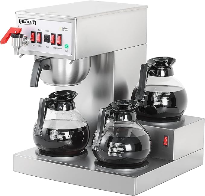 12 Cup Commercial Coffee Maker Auto Filling Drip Coffee Maker Machine with 3 Glass Carafes 3 Warmers Stainless Steel Pour Over Coffee Brewer with Hot Water Supply for Restaurant Office Cafe