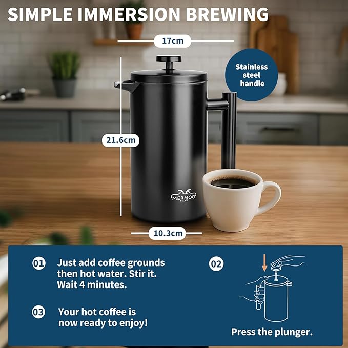MERMOO YILAN French Press 34oz Insulated Stainless Steel Coffee Maker Unbreakable Coffee Press Easy to Clean for Home Camping Travel (Black)