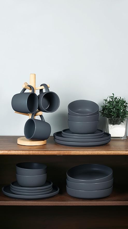Famiware Dawn Plates and Bowls Sets 12 Pieces Stoneware Dinnerware Sets Dishes Set for 4 Microwave and Dishwasher Safe Speckled Charcoal
