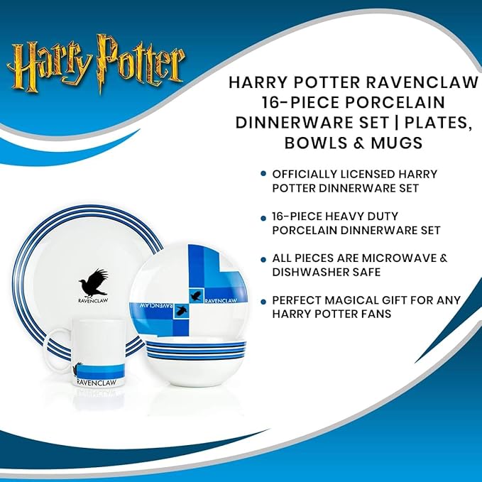 Harry Potter Ravenclaw 16 Piece Porcelain Dinnerware Set for 4 - Includes 4 Dinner Plates 4 Salad Plates 4 Bowls and 4 Mugs