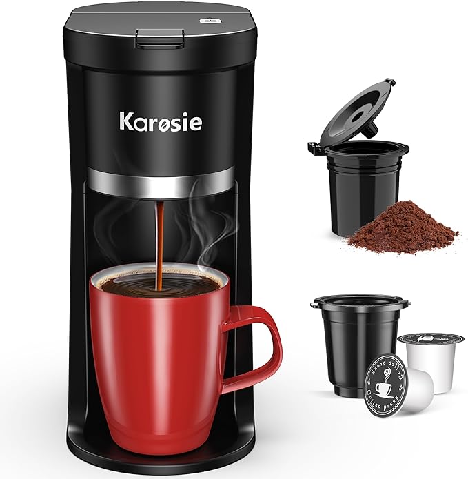 Small Single Serve Coffee Maker Fast Brew for K-Cup &amp Ground Coffee 6-12 Oz Brew Sizes One-Button Single Cup Coffee Maker Coffee Machine with Descaling Reminder