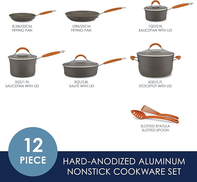 Rachael Ray Cucina Dishwasher Safe Hard Anodized Nonstick Cookware Pots and Pans Set 12 Piece Gray with Orange Handles
