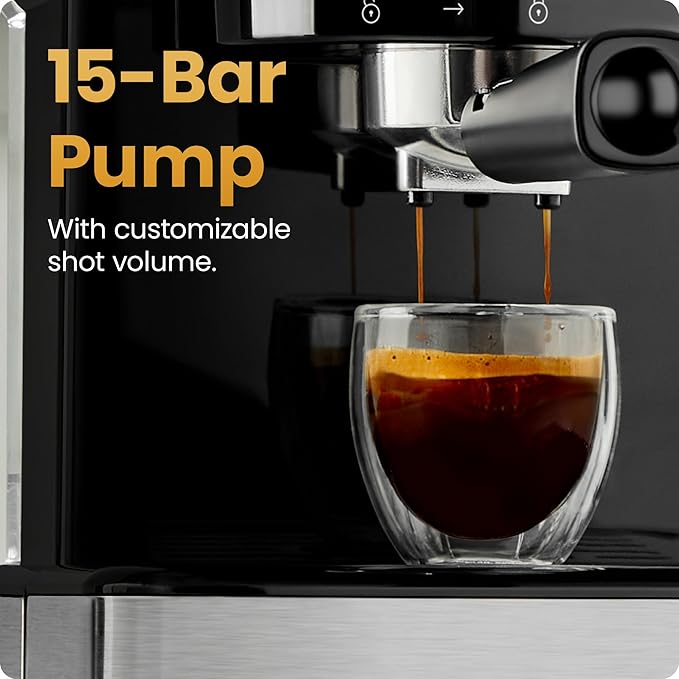 Chefman CraftBrew Espresso Machine 15-Bar Pump Digital Espresso Maker w/Steam Wand for Latte &amp Cappuccino Compact Espresso Coffee Machine w/ 1.5L Removable Water Reservoir - Stainless Steel
