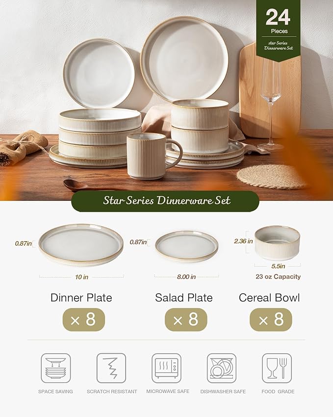 Famiware Star Plates and Bowls Sets Modern Stoneware Dinnerware Sets for 8 24-Piece Kitchen Dish Set - Microwave and Dishwasher Safe Chip and Scratch Resistant Cappuccino White