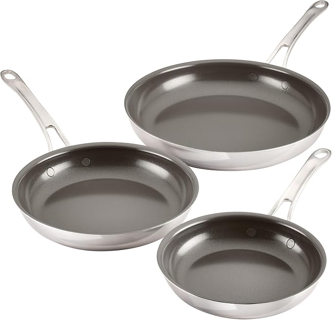 Anolon EverLast Ceramic Nonstick Frying Pans/Skillets Clad Induction 3 Piece Set 8.5 Inch 10 Inch and 12.25 Inch Open Fry Pans - Stainless Steel