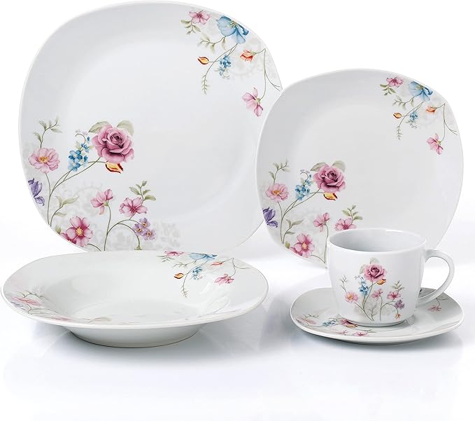Unknown1 20 Pc. Square Dinnerware Set Service for 4-Small Floral Design White Casual Porcelain Piece Dishwasher Safe Microwave