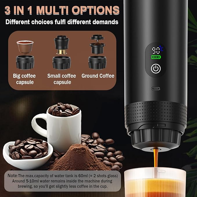 Portable Battery Espresso Coffee Maker for Travel - 20 bar Mini Car Espresso Machines 3-in-1 Self-Heating Electric Espresso Maker USB-C Ground Coffee &amp Capsule Pod(Ns&ampDG) RV Hiking Office